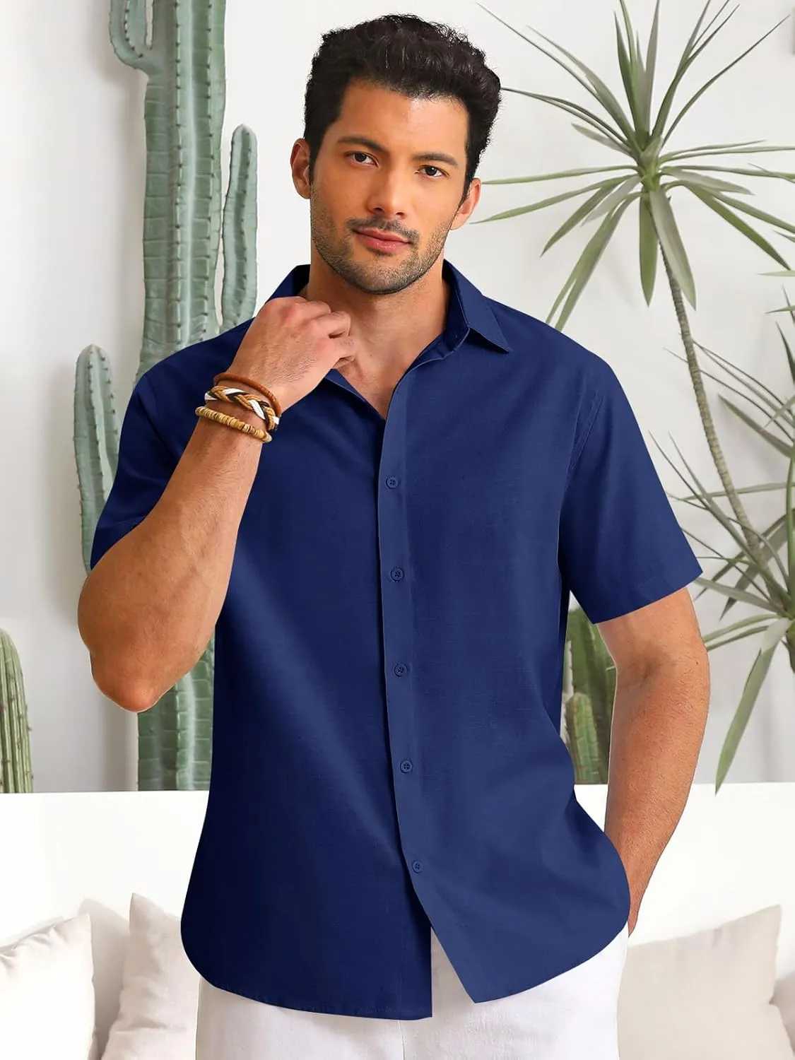 Runcati Mens Button Down Linen Shirts Short Sleeve Casual Collared Summer Beach Untucked Tops