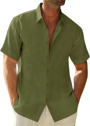 Runcati Mens Button Down Linen Shirts Short Sleeve Casual Collared Summer Beach Untucked Tops