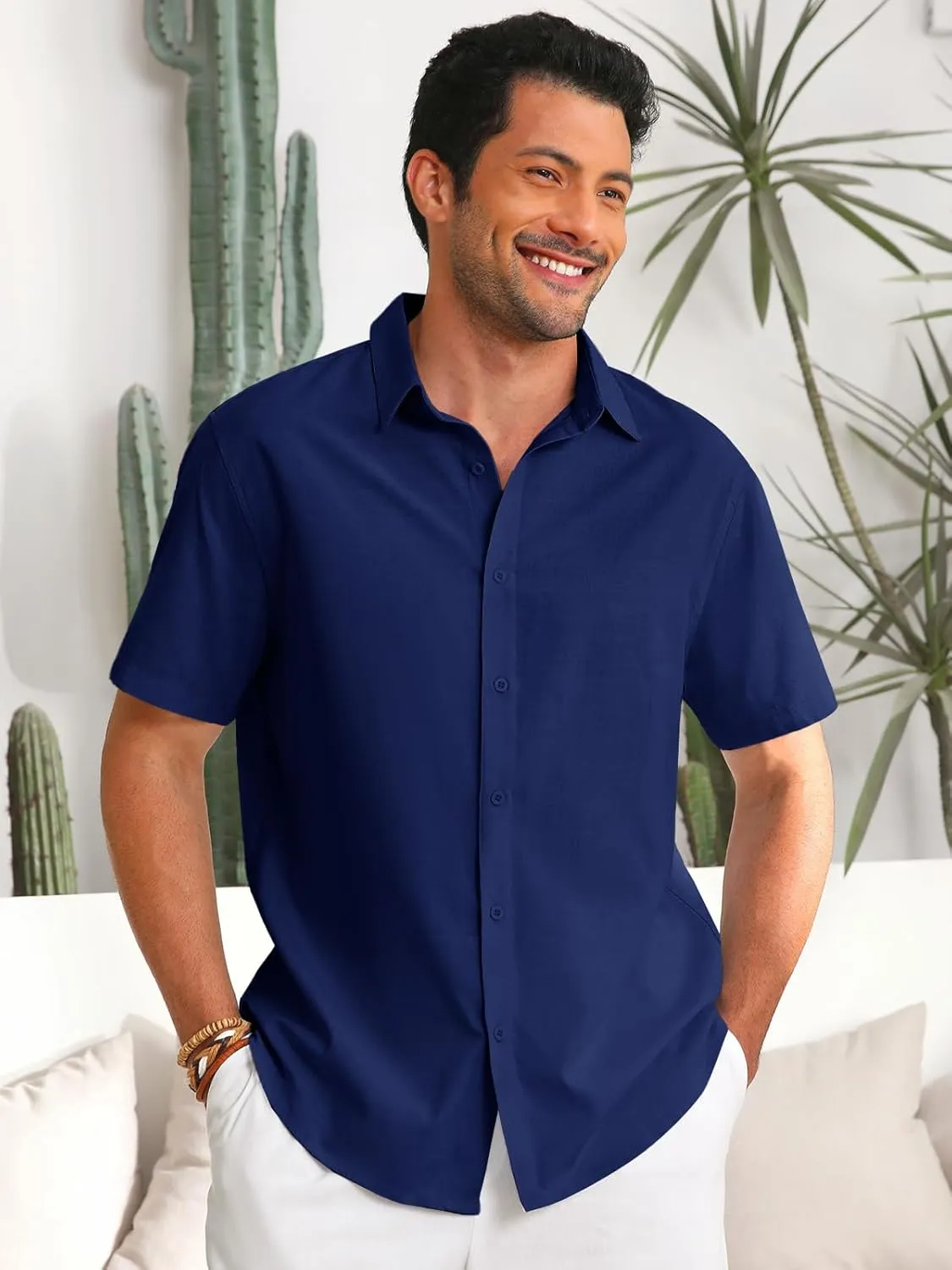 Runcati Mens Button Down Linen Shirts Short Sleeve Casual Collared Summer Beach Untucked Tops