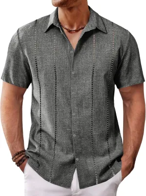 Runcati Mens Cuban Guayabera Shirts Short Sleeve Button Down Linen Shirt Mexican Casual Beach Summer Tops