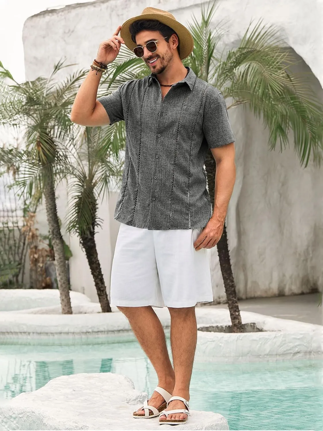 Runcati Mens Cuban Guayabera Shirts Short Sleeve Button Down Linen Shirt Mexican Casual Beach Summer Tops