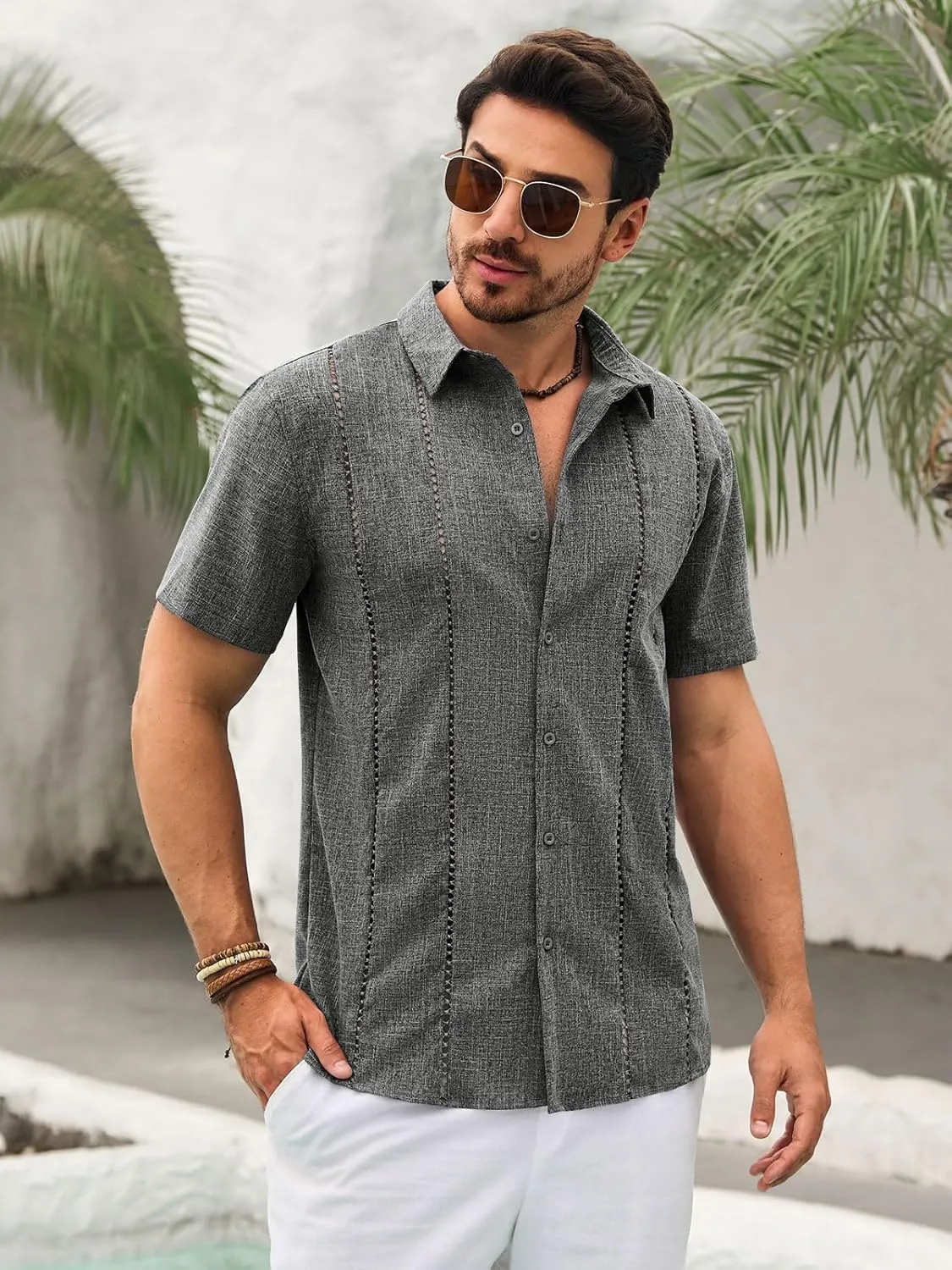 Runcati Mens Cuban Guayabera Shirts Short Sleeve Button Down Linen Shirt Mexican Casual Beach Summer Tops