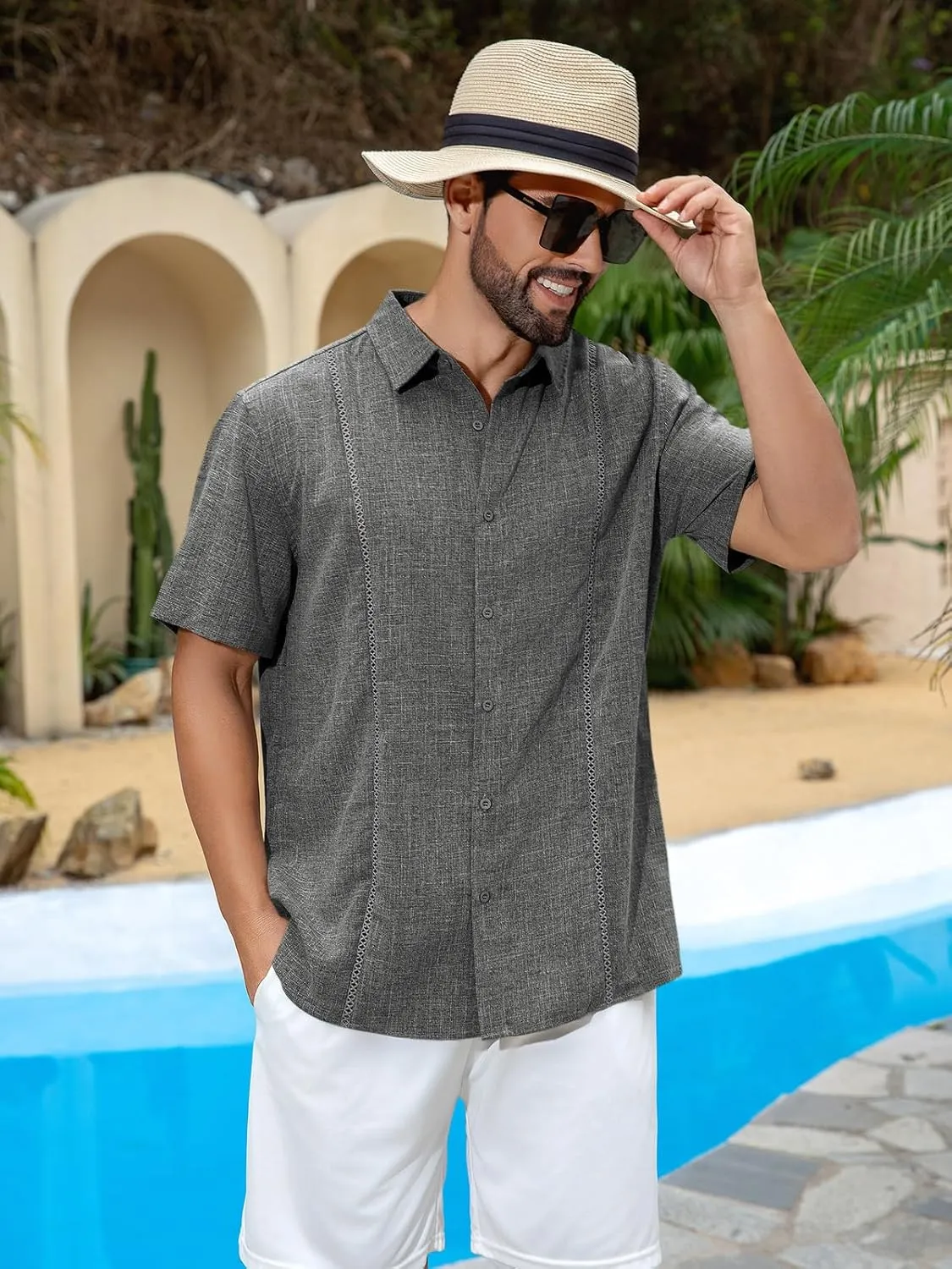 Runcati Mens Short Sleeve Guayabera Shirts Cuban Button Down Casual Shirt Summer Vacation Wedding Embroidered Linen Tops