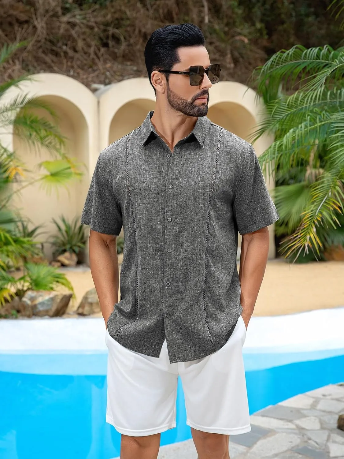 Runcati Mens Short Sleeve Guayabera Shirts Cuban Button Down Casual Shirt Summer Vacation Wedding Embroidered Linen Tops