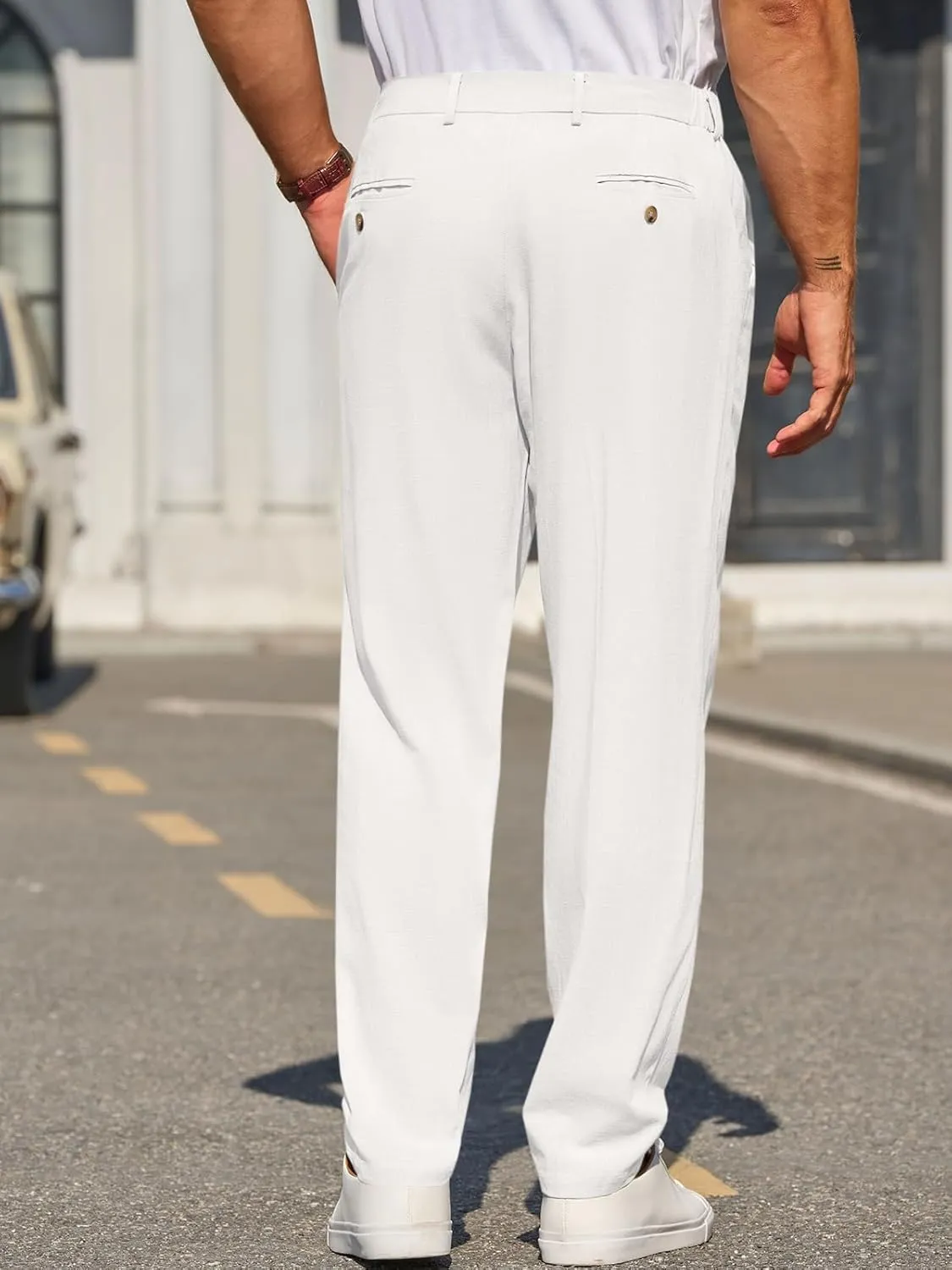 Runcati Mens Slim Fit Casual Pants Cotton Linen Tapered Pants Elastic Waist Summer Beach Lightweight Trousers