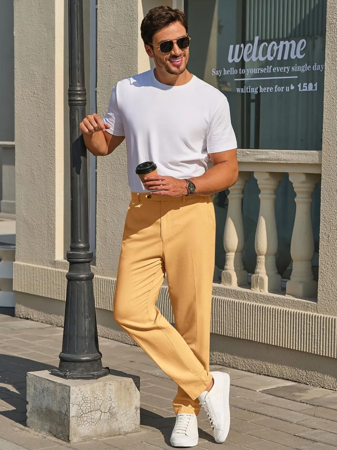 Runcati Mens Slim Fit Casual Pants Cotton Linen Tapered Pants Elastic Waist Summer Beach Lightweight Trousers