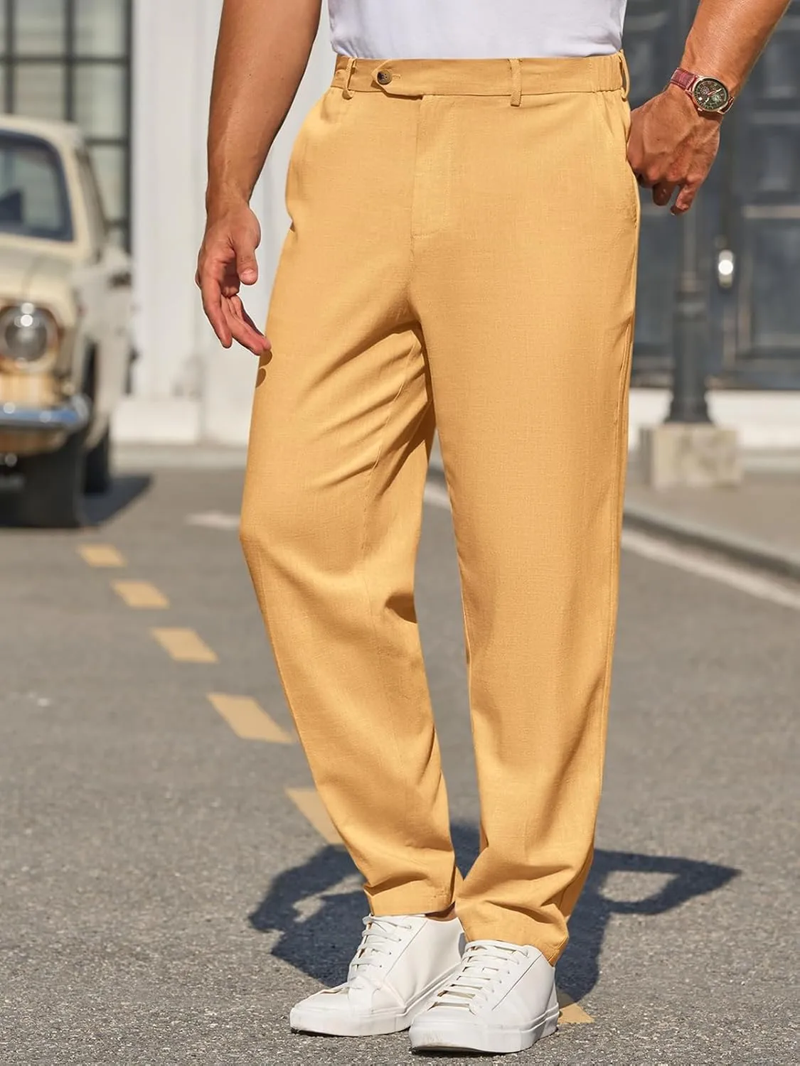 Runcati Mens Slim Fit Casual Pants Cotton Linen Tapered Pants Elastic Waist Summer Beach Lightweight Trousers