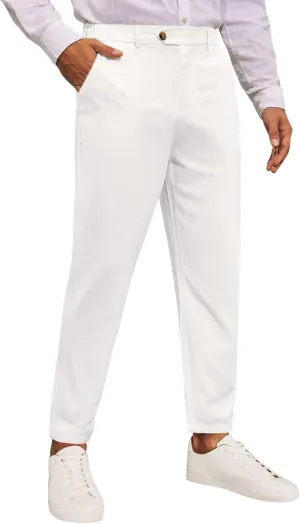 Runcati Mens Slim Fit Casual Pants Cotton Linen Tapered Pants Elastic Waist Summer Beach Lightweight Trousers