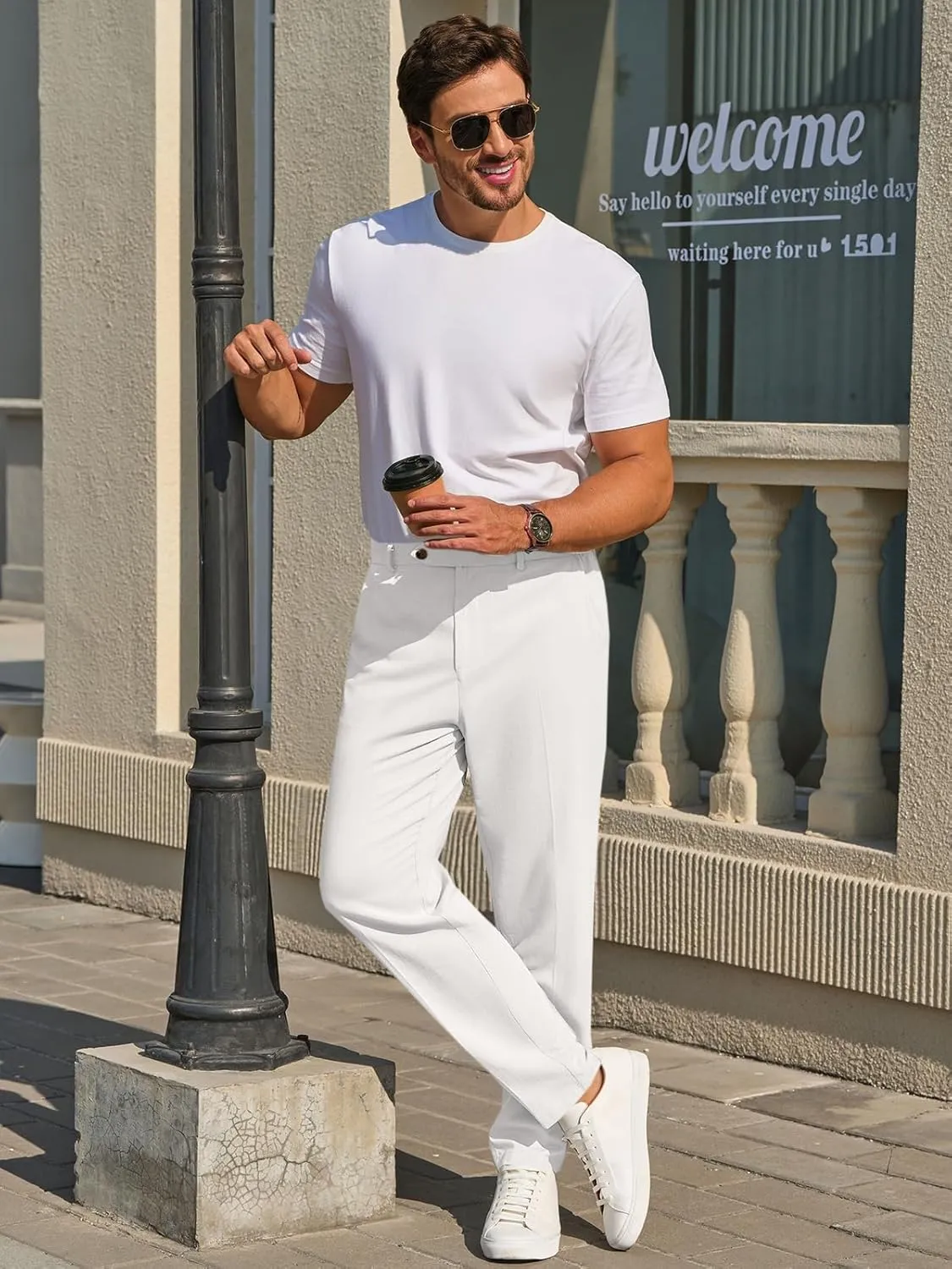 Runcati Mens Slim Fit Casual Pants Cotton Linen Tapered Pants Elastic Waist Summer Beach Lightweight Trousers