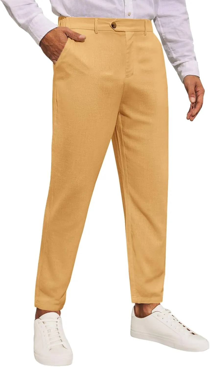 Runcati Mens Slim Fit Casual Pants Cotton Linen Tapered Pants Elastic Waist Summer Beach Lightweight Trousers