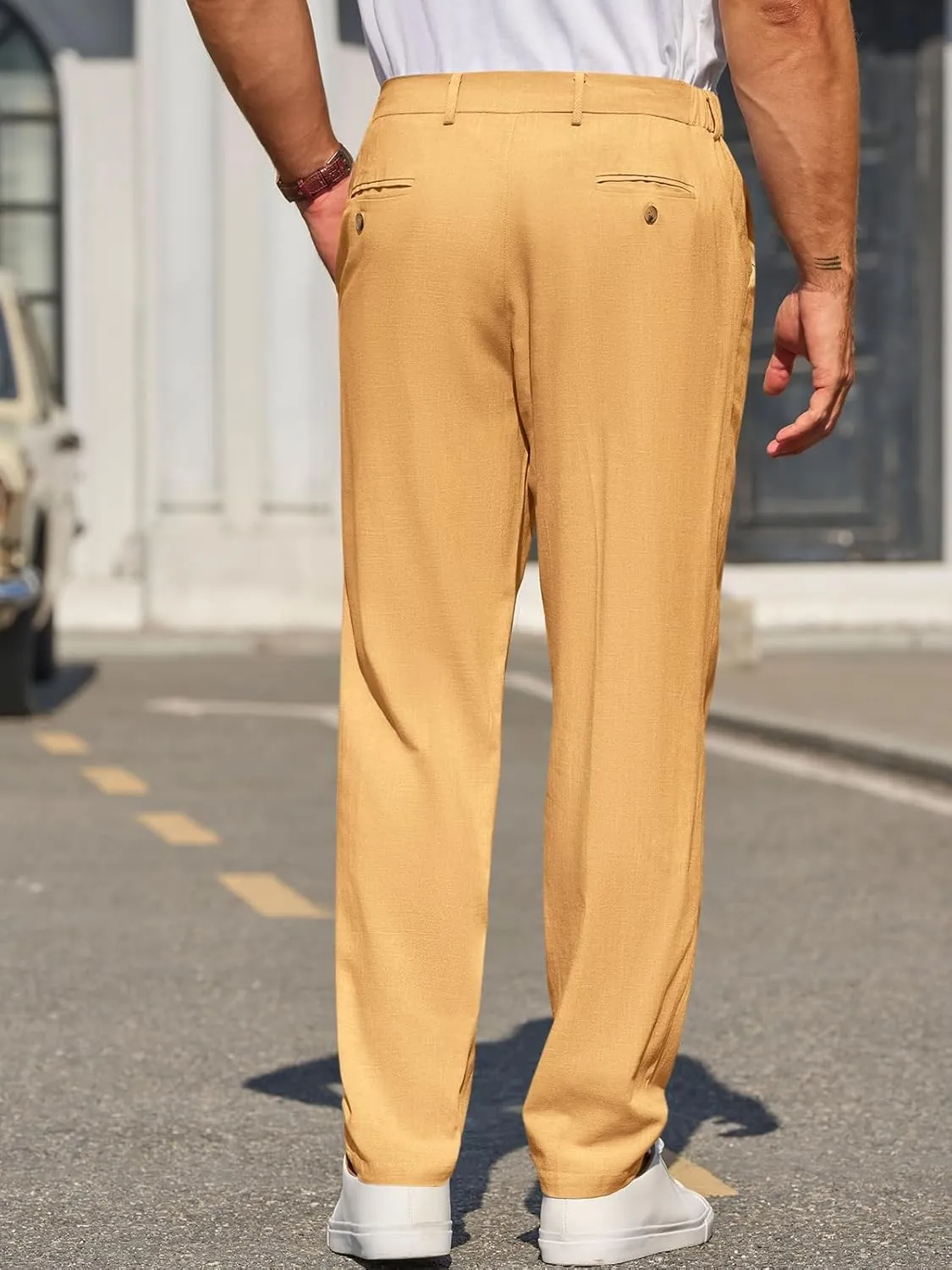 Runcati Mens Slim Fit Casual Pants Cotton Linen Tapered Pants Elastic Waist Summer Beach Lightweight Trousers