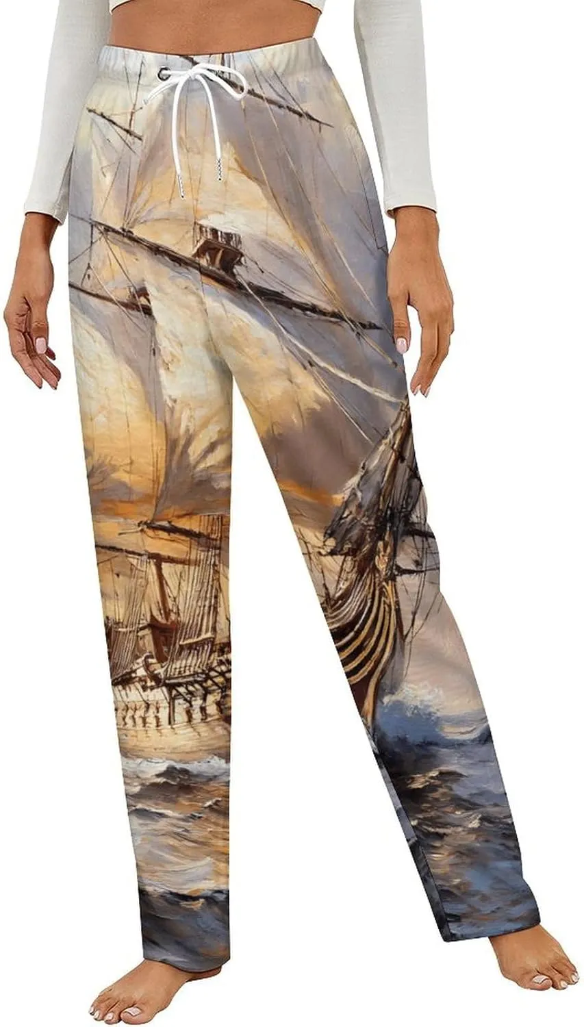 Sailing Ship With Masts Womens Flannel Pajama Pants Long Length Sleep Lounge Pants with Drawstring Belt Loungewear
