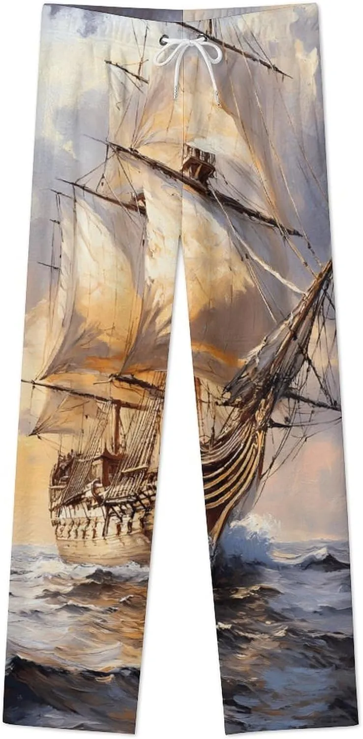 Sailing Ship With Masts Womens Flannel Pajama Pants Long Length Sleep Lounge Pants with Drawstring Belt Loungewear