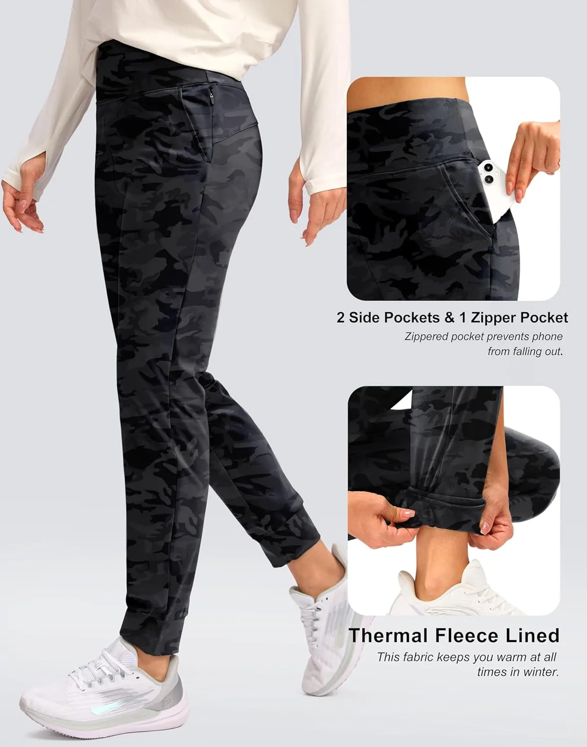 SANTINY Women's Fleece Lined Joggers Water Resistant High Waisted Thermal Sweatpants Winter Pants Hiking Running Pockets