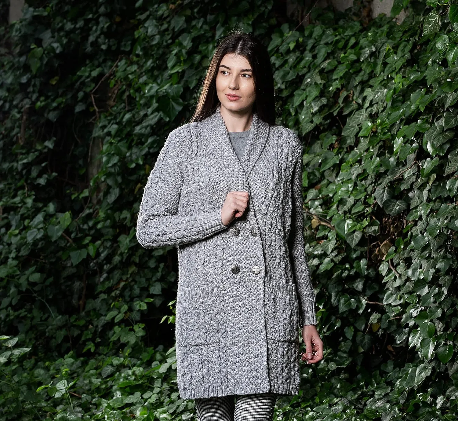 SAOL 100% Irish Merino Wool Ladies Shawl Collar Cardigan Coat with Pockets