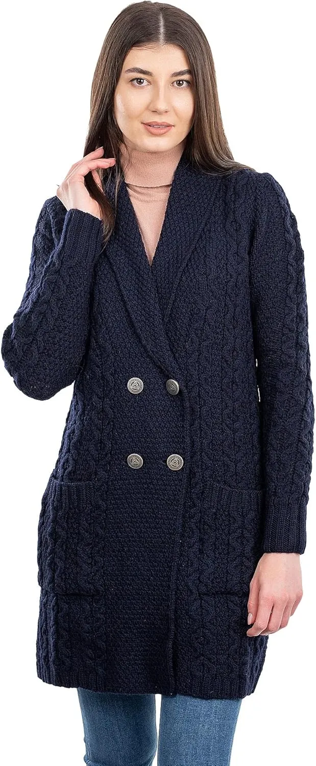 SAOL 100% Irish Merino Wool Ladies Shawl Collar Cardigan Coat with Pockets