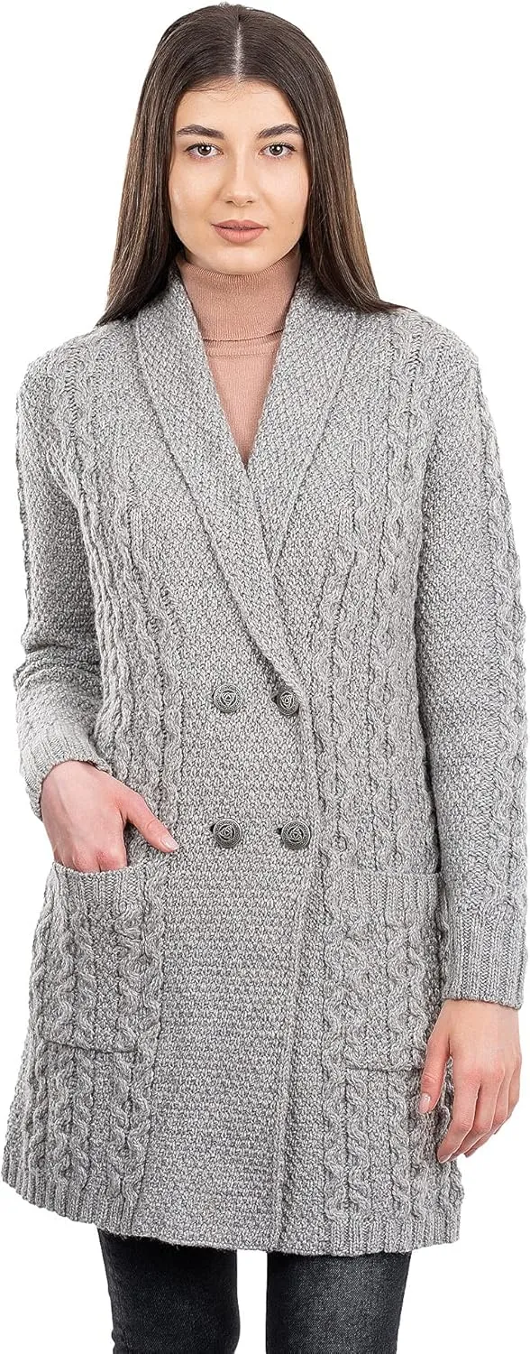 SAOL 100% Irish Merino Wool Ladies Shawl Collar Cardigan Coat with Pockets