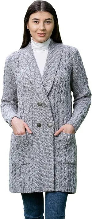 SAOL 100% Irish Merino Wool Ladies Shawl Collar Cardigan Coat with Pockets