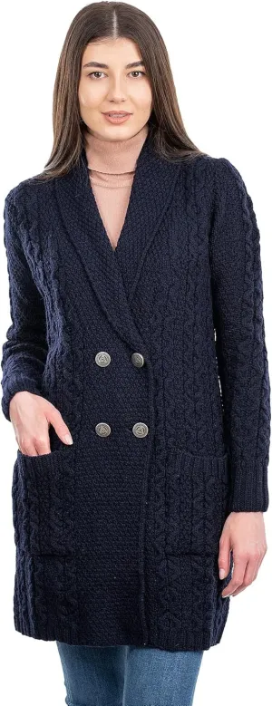 SAOL 100% Irish Merino Wool Ladies Shawl Collar Cardigan Coat with Pockets