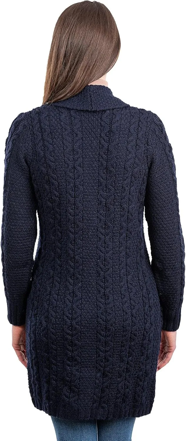 SAOL 100% Irish Merino Wool Ladies Shawl Collar Cardigan Coat with Pockets