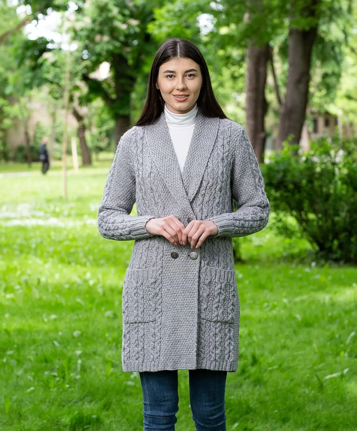 SAOL 100% Irish Merino Wool Ladies Shawl Collar Cardigan Coat with Pockets
