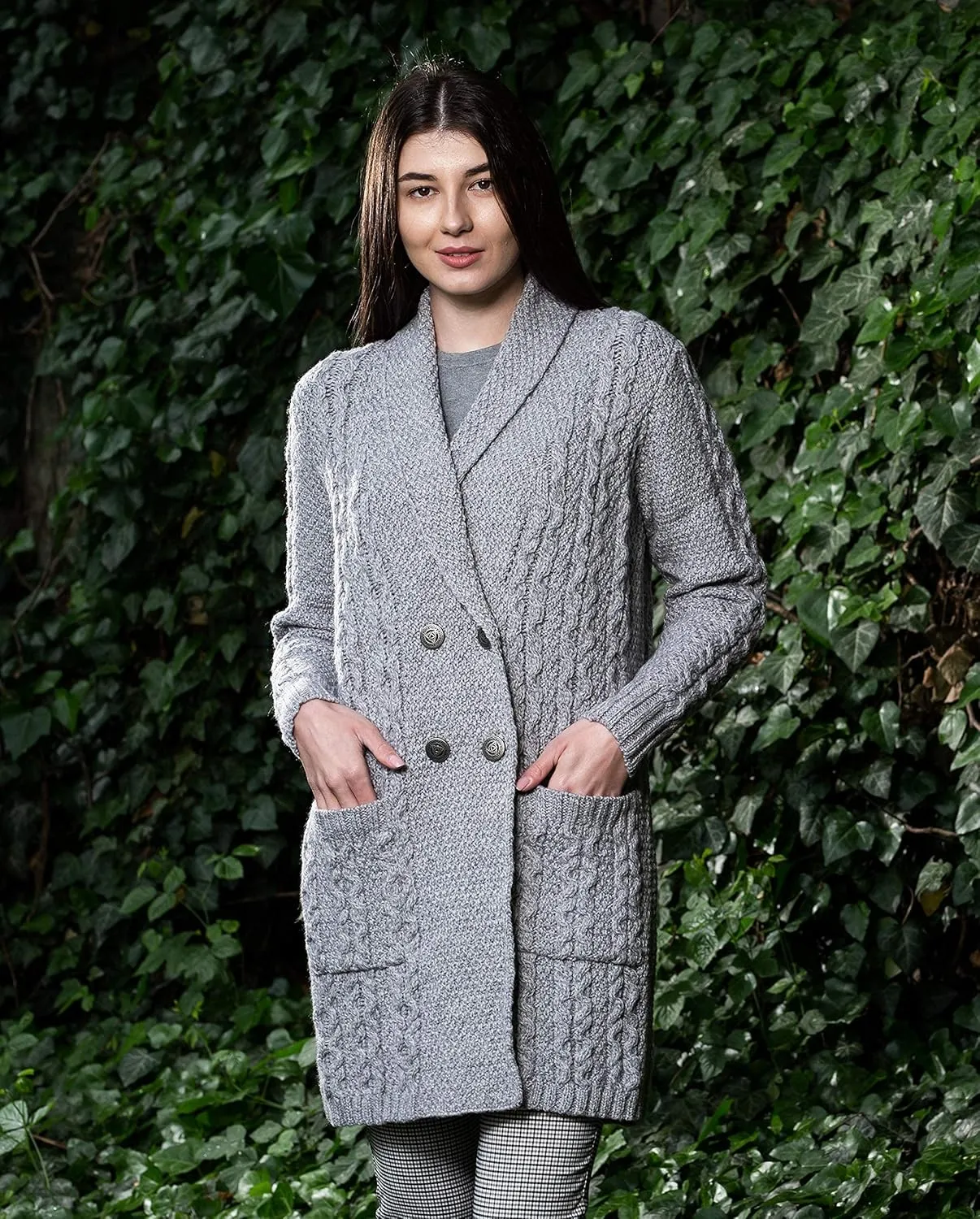 SAOL 100% Irish Merino Wool Ladies Shawl Collar Cardigan Coat with Pockets