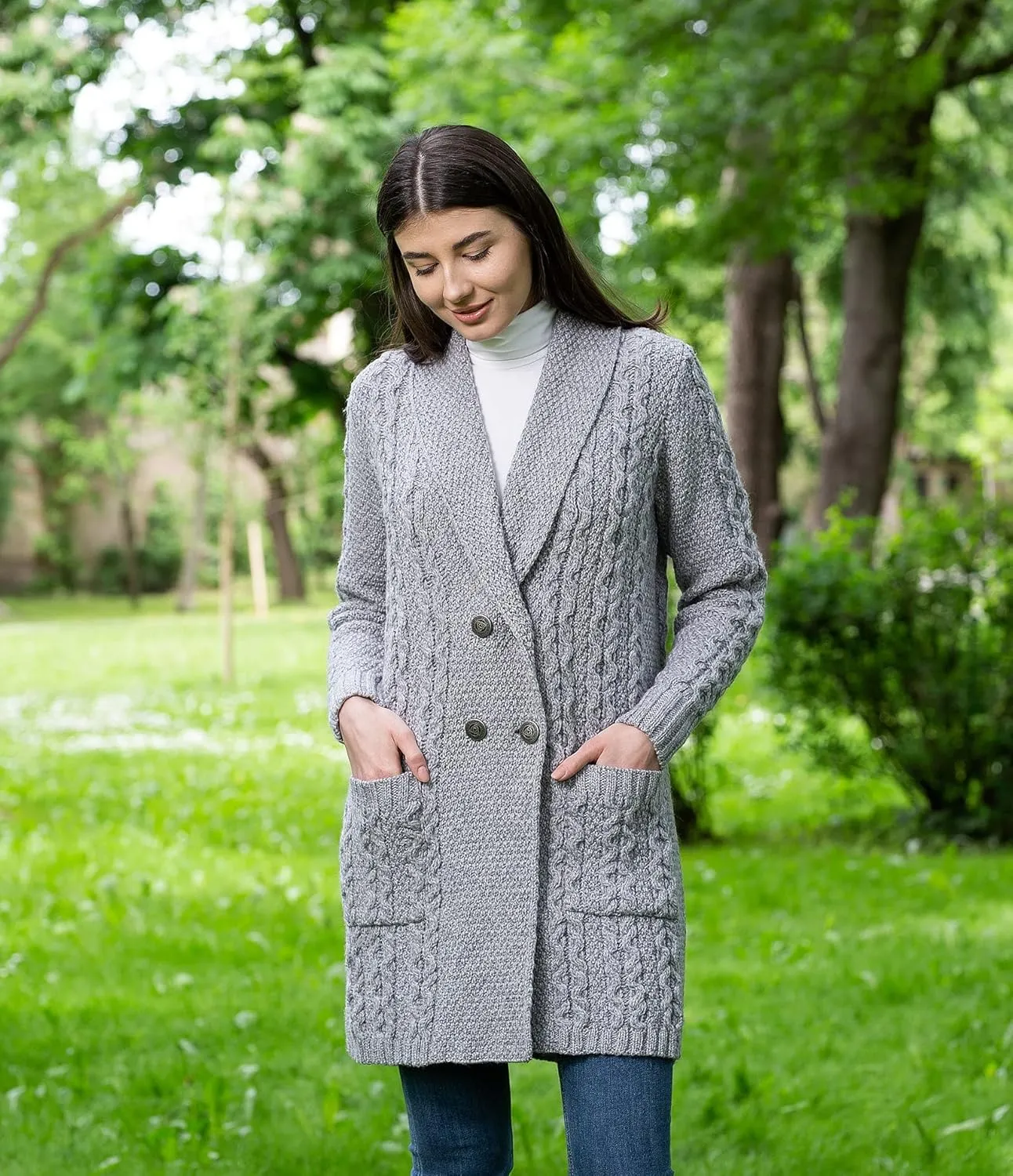 SAOL 100% Irish Merino Wool Ladies Shawl Collar Cardigan Coat with Pockets
