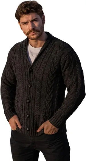 SAOL 100% Merino Wool Men's Aran Cable Knit Shawl Collar Casual Irish Cardigan with Buttons and Pockets