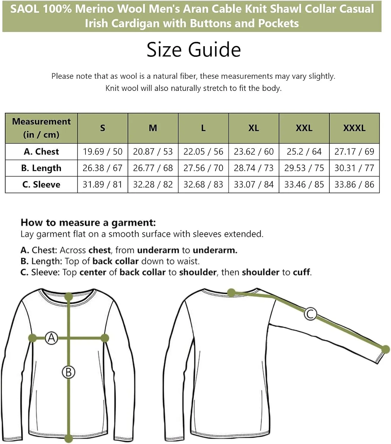 SAOL 100% Merino Wool Men's Aran Cable Knit Shawl Collar Casual Irish Cardigan with Buttons and Pockets