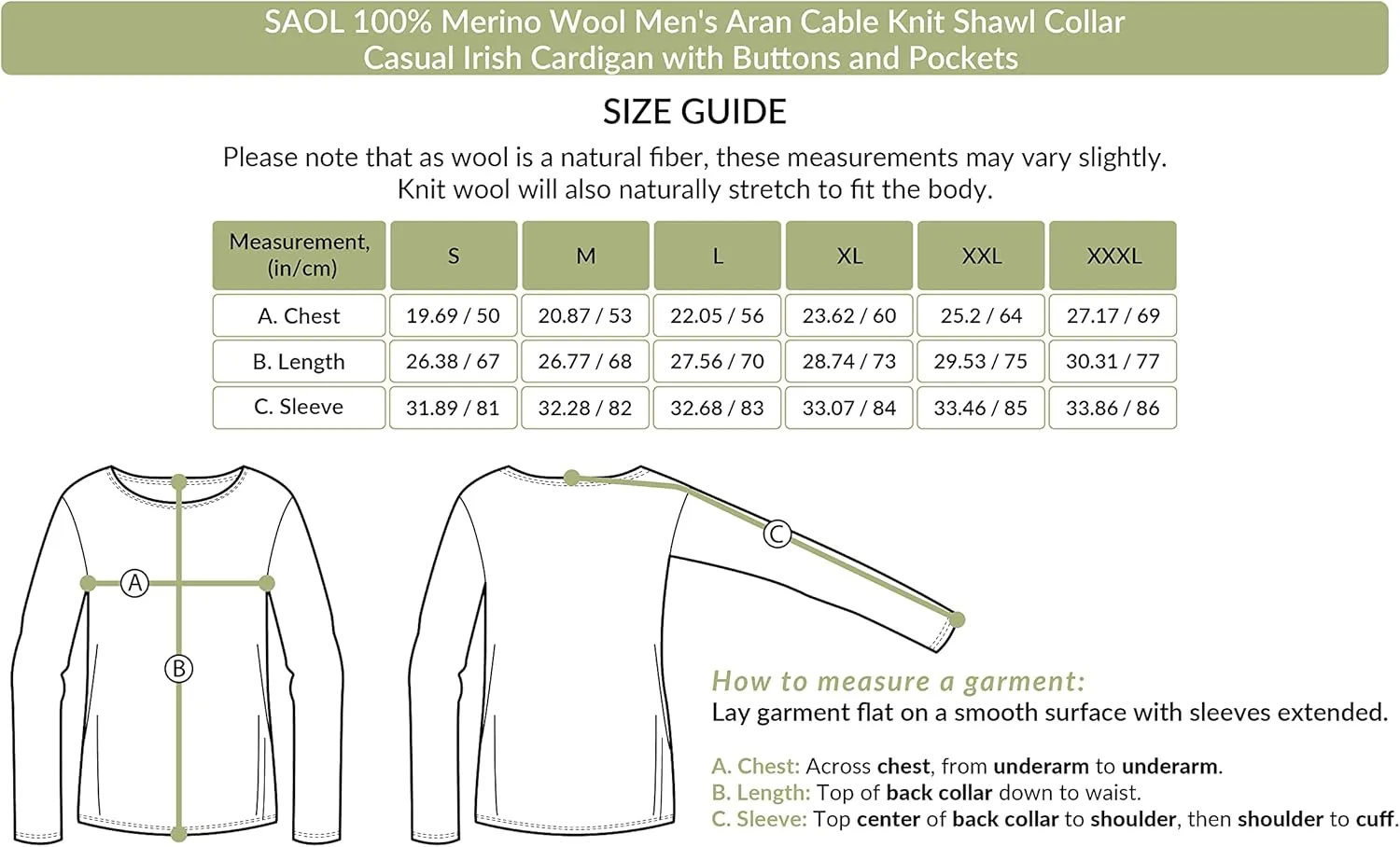 SAOL 100% Merino Wool Men's Aran Cable Knit Shawl Collar Casual Irish Cardigan with Buttons and Pockets