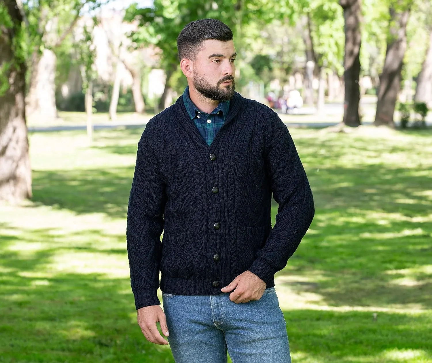 SAOL 100% Merino Wool Men's Aran Cable Knit Shawl Collar Casual Irish Cardigan with Buttons and Pockets