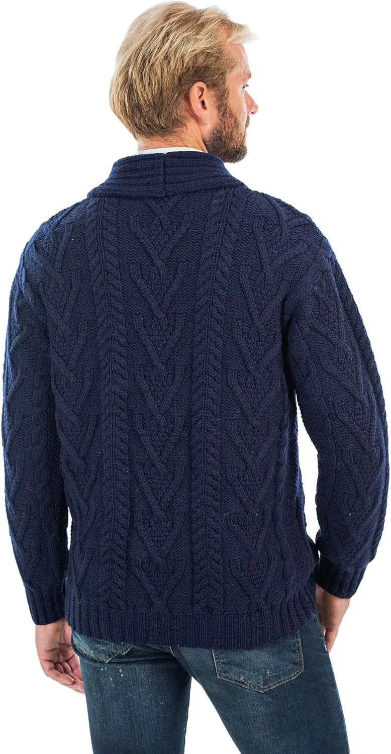 SAOL 100% Merino Wool Men's Aran Cable Knit Shawl Collar Casual Irish Cardigan with Buttons and Pockets