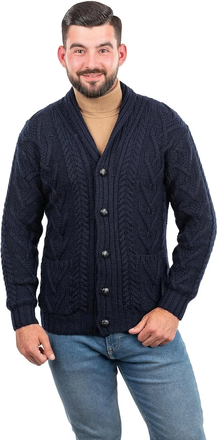 SAOL 100% Merino Wool Men's Aran Cable Knit Shawl Collar Casual Irish Cardigan with Buttons and Pockets