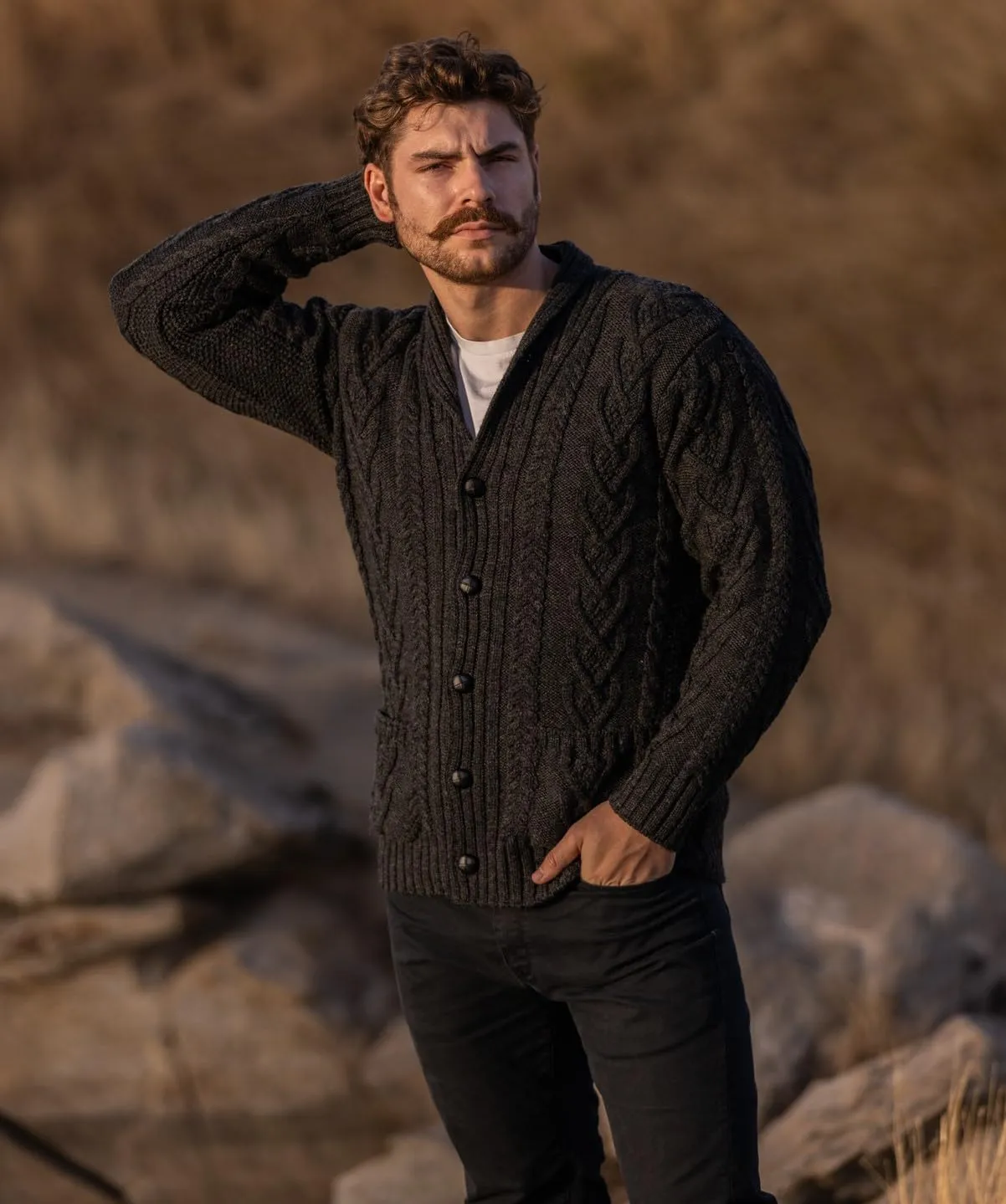 SAOL 100% Merino Wool Men's Aran Cable Knit Shawl Collar Casual Irish Cardigan with Buttons and Pockets