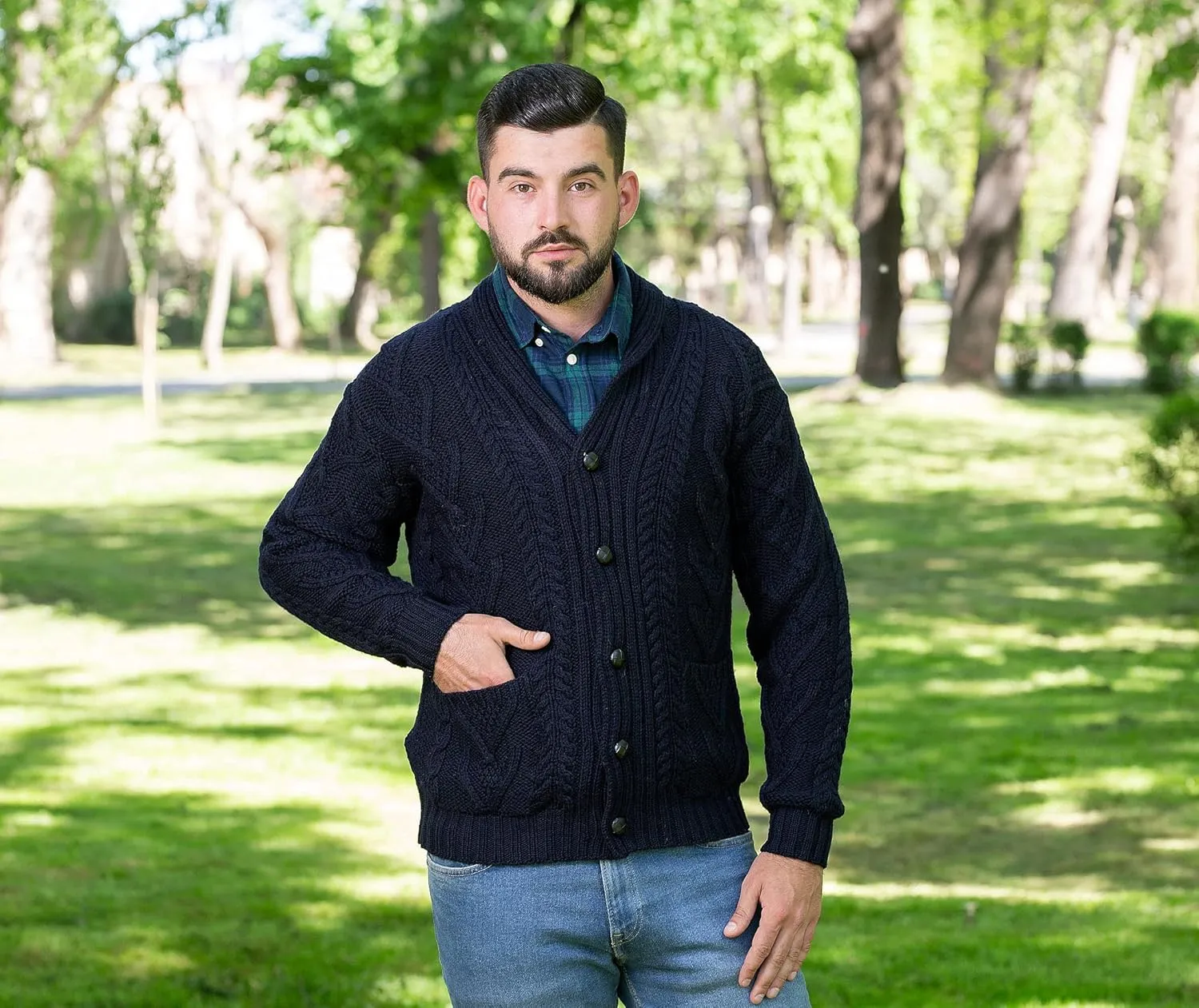 SAOL 100% Merino Wool Men's Aran Cable Knit Shawl Collar Casual Irish Cardigan with Buttons and Pockets