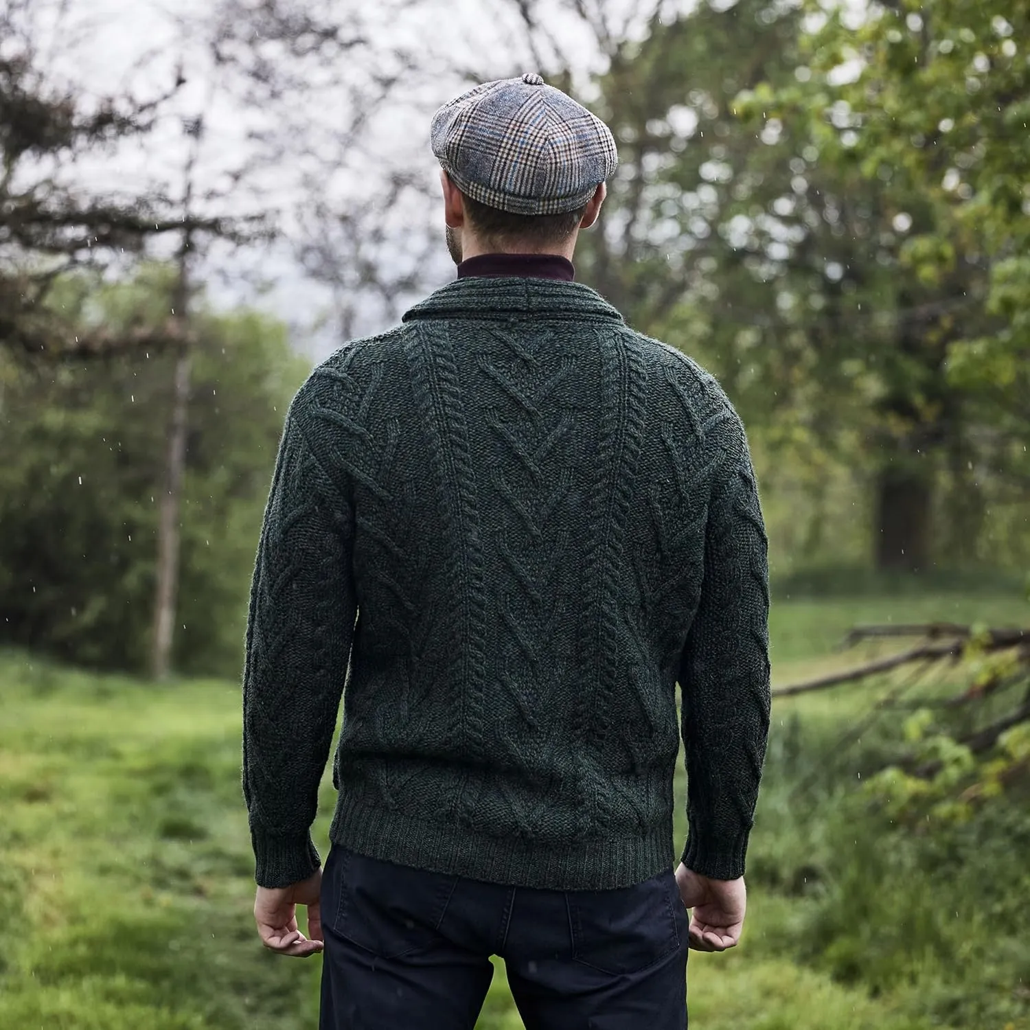 SAOL 100% Merino Wool Men's Aran Cable Knit Shawl Collar Casual Irish Cardigan with Buttons and Pockets