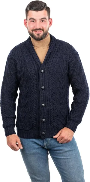 SAOL 100% Merino Wool Men's Aran Cable Knit Shawl Collar Casual Irish Cardigan with Buttons and Pockets