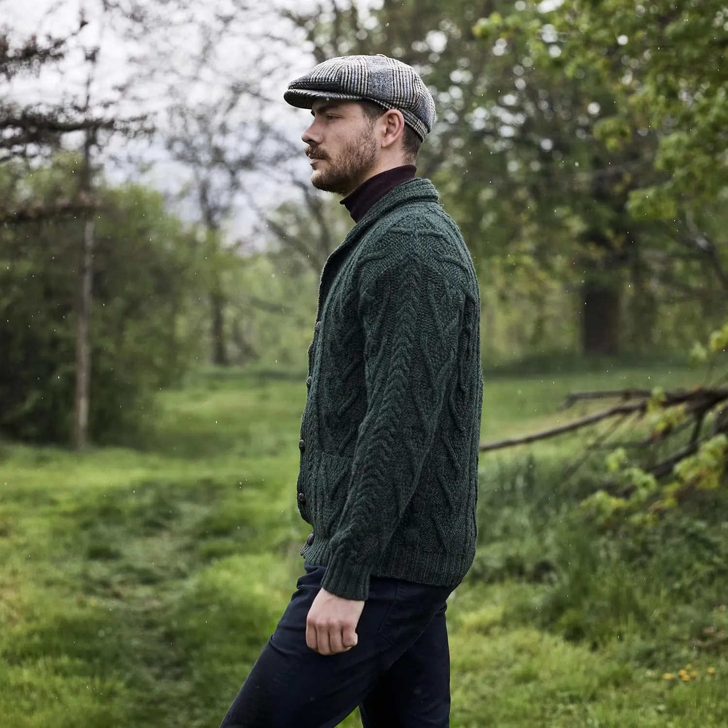 SAOL 100% Merino Wool Men's Aran Cable Knit Shawl Collar Casual Irish Cardigan with Buttons and Pockets