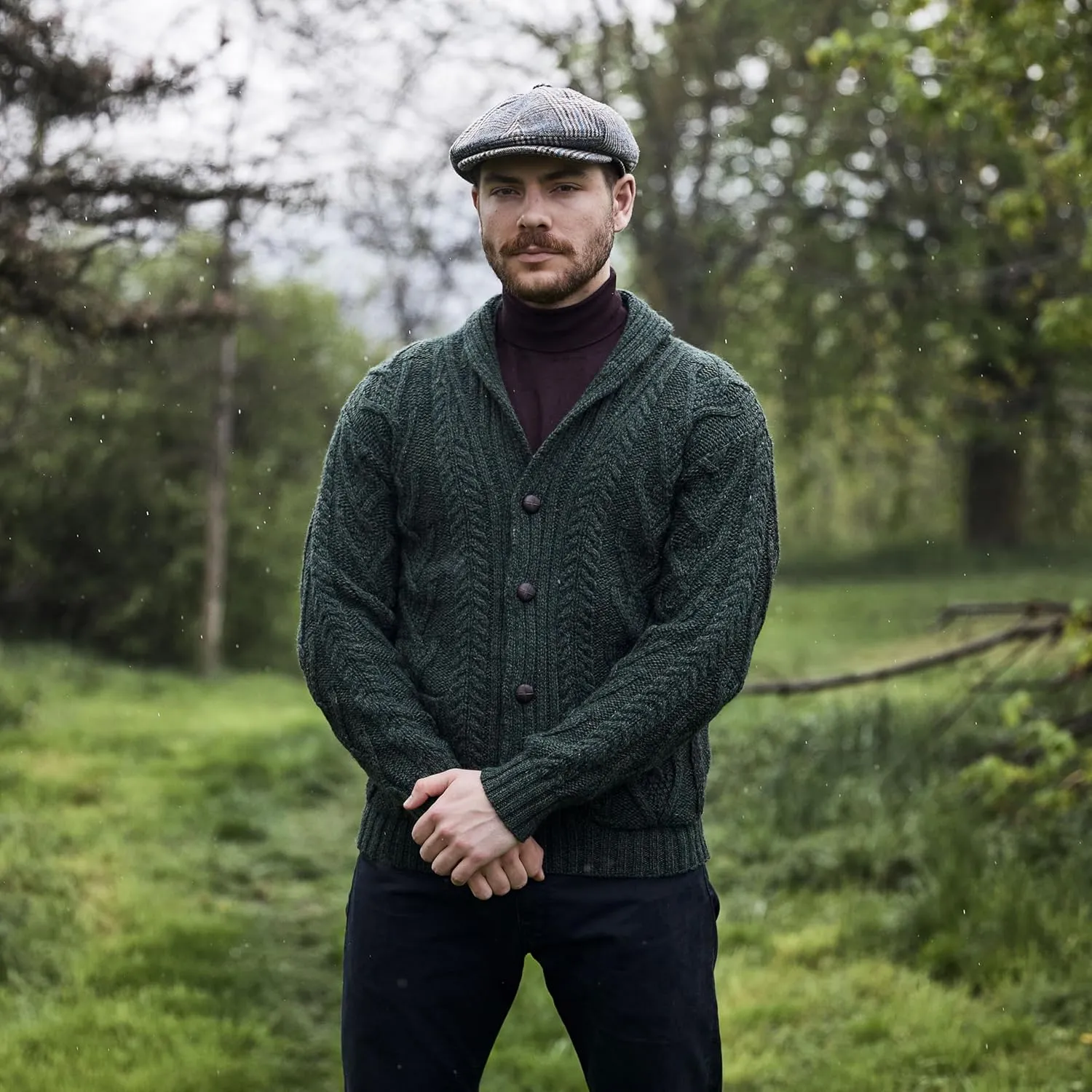 SAOL 100% Merino Wool Men's Aran Cable Knit Shawl Collar Casual Irish Cardigan with Buttons and Pockets