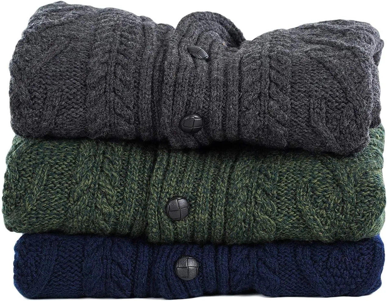 SAOL 100% Merino Wool Men's Aran Cable Knit Shawl Collar Casual Irish Cardigan with Buttons and Pockets