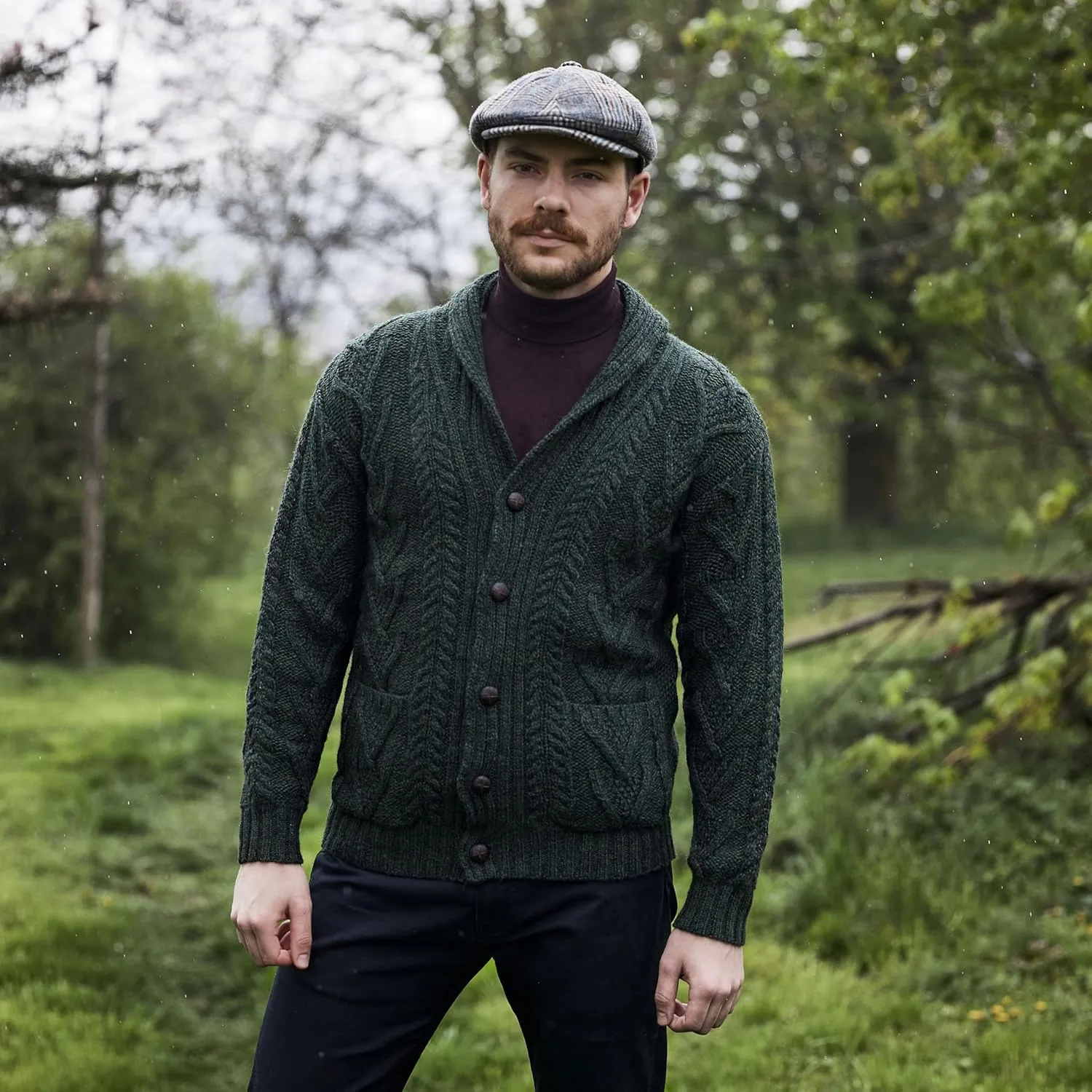 SAOL 100% Merino Wool Men's Aran Cable Knit Shawl Collar Casual Irish Cardigan with Buttons and Pockets