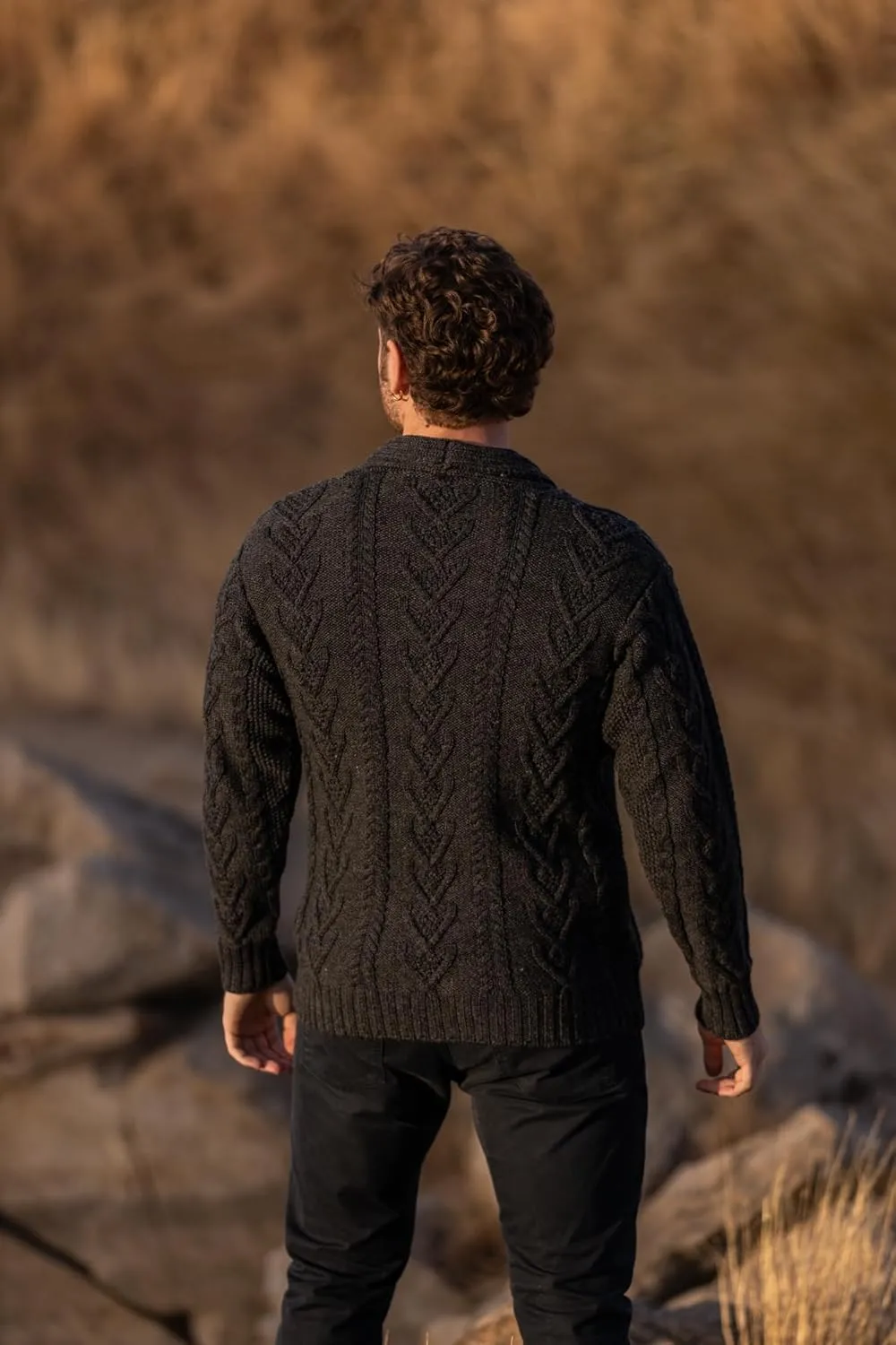 SAOL 100% Merino Wool Men's Aran Cable Knit Shawl Collar Casual Irish Cardigan with Buttons and Pockets