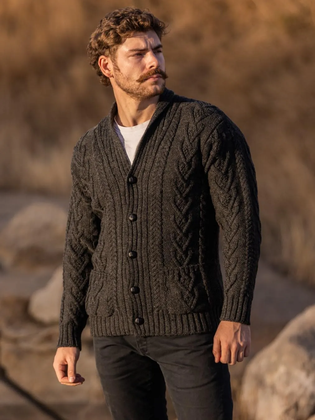 SAOL 100% Merino Wool Men's Aran Cable Knit Shawl Collar Casual Irish Cardigan with Buttons and Pockets