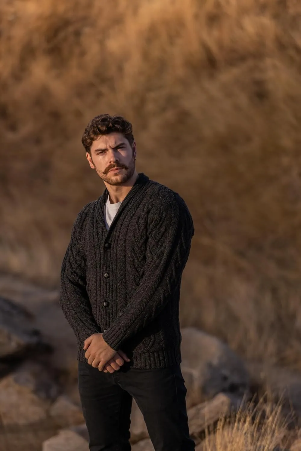 SAOL 100% Merino Wool Men's Aran Cable Knit Shawl Collar Casual Irish Cardigan with Buttons and Pockets