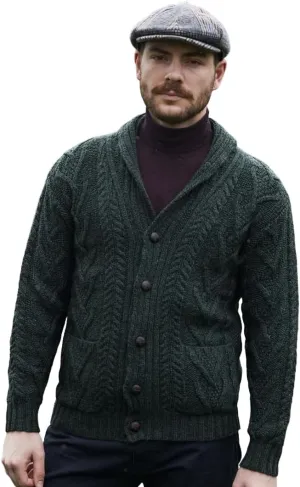 SAOL 100% Merino Wool Men's Aran Cable Knit Shawl Collar Casual Irish Cardigan with Buttons and Pockets