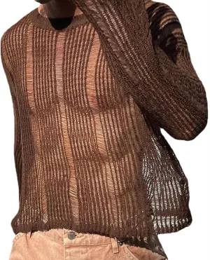 SEAUR Sheer Mesh Top for Men See Through Shirt Long Sleeve Slim Fit Tee Shirts Clubwear Party Tops