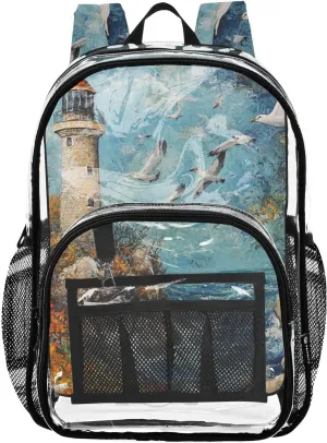 senya Transparent School Bag Autumn Lighthouse Seagull Travel Backpack With Water-Resistant PVC Plastic Clear Bagpack