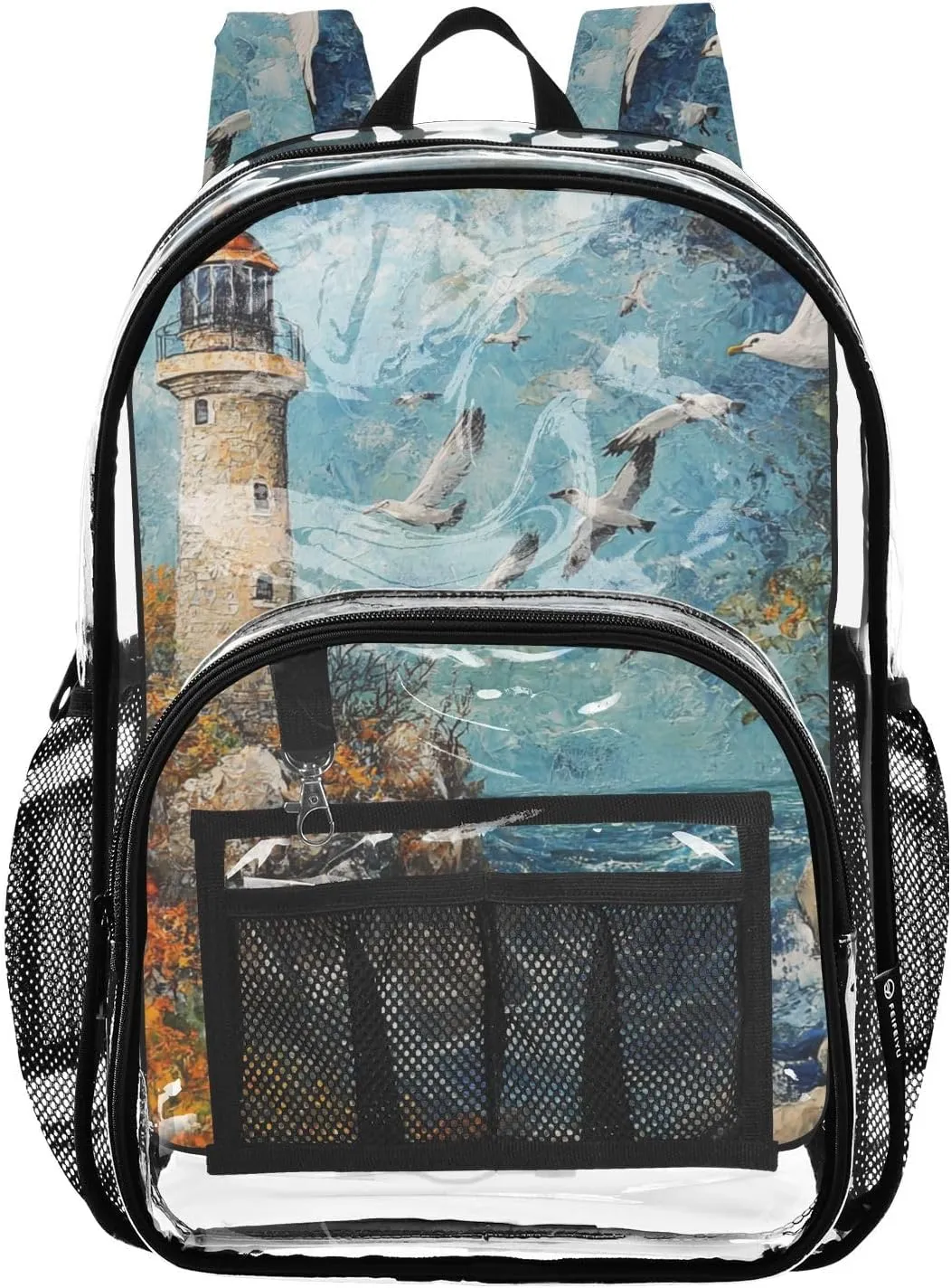 senya Transparent School Bag Autumn Lighthouse Seagull Travel Backpack With Water-Resistant PVC Plastic Clear Bagpack