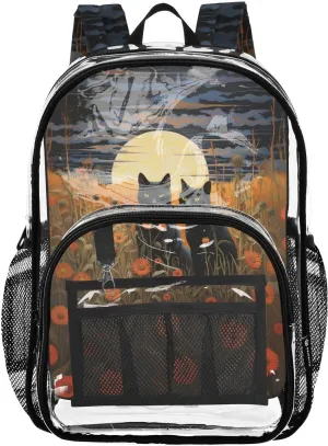 senya Transparent School Bag Black Cat under Night Light Travel Backpack With Water-Resistant PVC Plastic Clear Bagpack