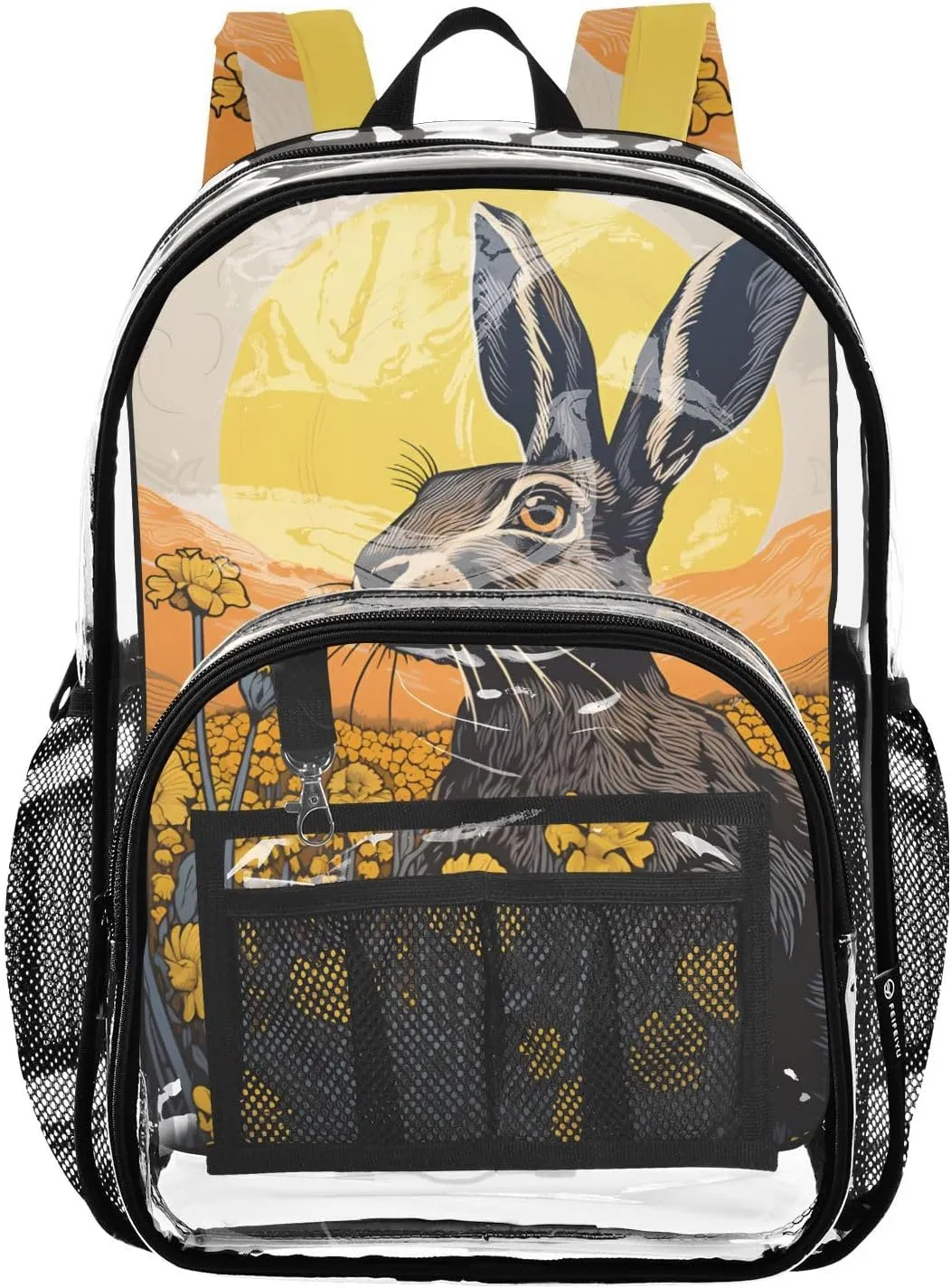 senya Transparent School Bag Black Rabbit Yellow Flower Sunset Travel Backpack With Water-Resistant PVC Plastic Clear Bagpack